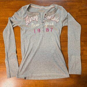 Aeropostale Women's Long Sleeve Shirt Half Button New York 1987 Gray Large